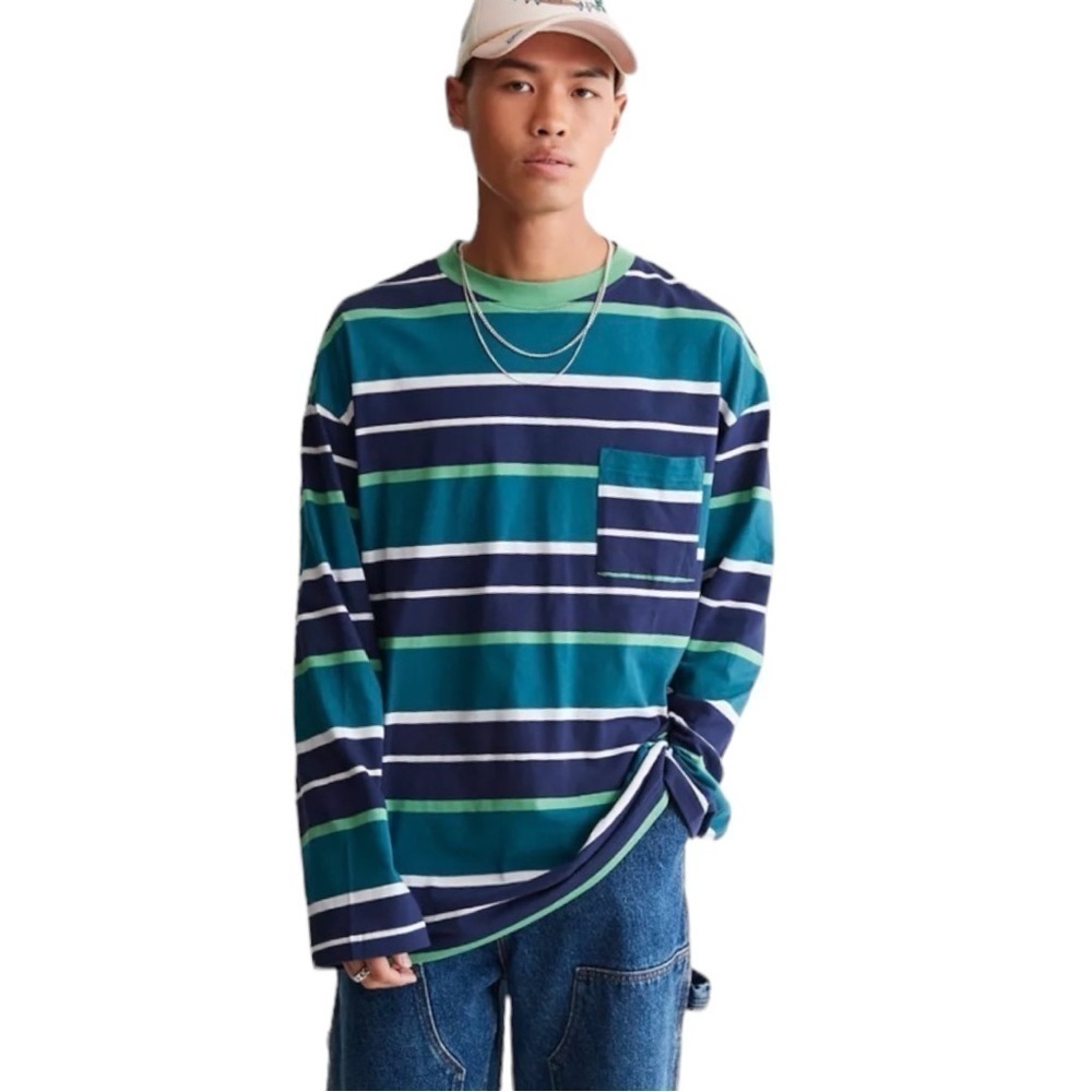 Urban Outfitters Men's Stripe Pocket Long Sleeve T-Shirt Blue Motif NWT